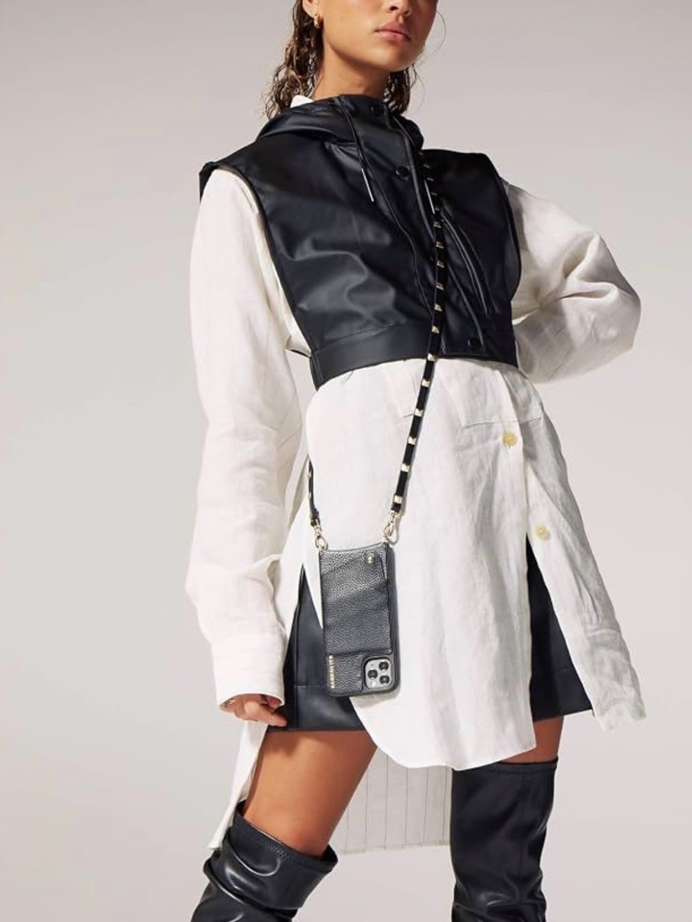 New Bandolier Sarah Crossbody Phone Strap Only Black Leather with Silver Studs - Picture 7 of 16